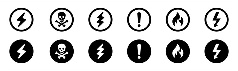 Danger, warning sign icons. caution symbol. toxic, skull, poison, high voltage, lightning, caution, warning, danger,  flammable signs, vector illustration