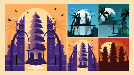 Obraz premium Nyepi Balinese Day of Silence Concept with Gate and Temple Vector. Bali's Day of Silence And Hindu New Year Vector Illustration fit for Poster Banner and Template, Indonesain Bali's Nyepi Day.