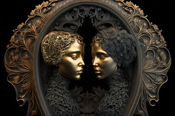 the image of a portrait of gemini, a zodiac sign, gold and black, decorated with gothic lace and precious stones, a fantasy generated by AI