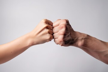 Two friends having a friendly handshake in an arm wrestling style, one a man and one a woman, with smiles on their faces and blurred background. - obrazy, fototapety, plakaty