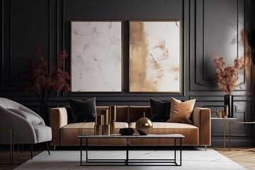 A stunning poster frame adorns the wall of a luxurious living room, adding a touch of elegance to the space