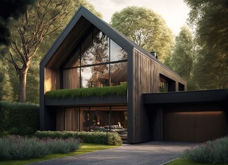 old house in the forest with large overhanging roof and wood siding made with generative ai