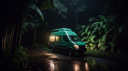 Obraz na płótnie Canvas a camper van in tropical rainforest, car camping life in forest