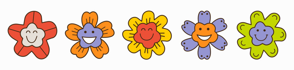 Smiling flower, abstract personage, mascot design, funny face, cute icon.