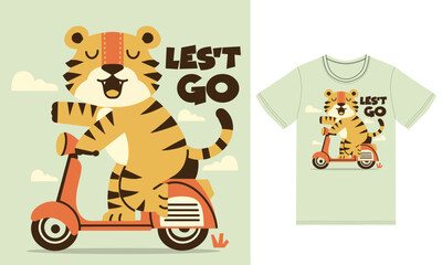 Cute tiger reading scooter illustration with tshirt design premium vector