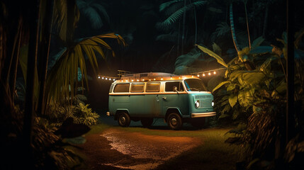 a camper van in tropical forest, car camping life in forest