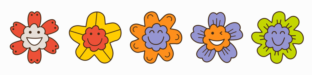 Smiling flower, abstract personage, mascot design, funny face, cute icon.