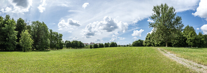 urban recreation area near residential district. trees on green lawn under blue cloudy sky. panoramic view at summer day.