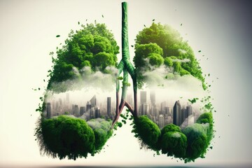 Air pollution of city patterned on fresh Green tree lung. Air pollution in city background. Generative AI