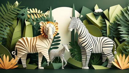 3d render, cute animal paper tropical, jungle decor, zebra, tiger, green background, Generative AI