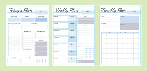 3 set of Daily, Weekly, monthly planner. Minimalist planner template set. Vector illustration.