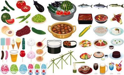 夏の食べ物・料理のアイコン①（カレーライス、流しそうめん、かき氷、すいか、夏野菜）