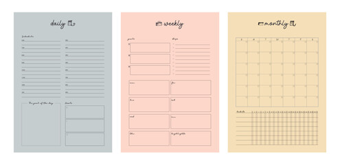 (Sean and sea) 3 set of Daily and weekly and monthly planner. Vector illustration.