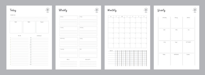 4 set of daily and weekly and monthly and yearly planner. Vector illustration.