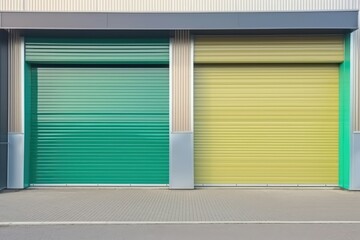 Factory industrial structure. Roller doors, roller shutters provide protection. Generative AI