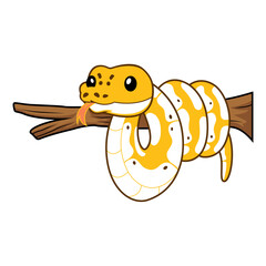 Cute pastel ivory ball python cartoon on tree branch