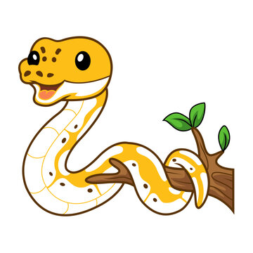 Cute pastel ivory ball python cartoon on tree branch