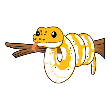 Cute pastel ivory ball python cartoon on tree branch