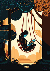 Illustration of a girl reading a book in the forest