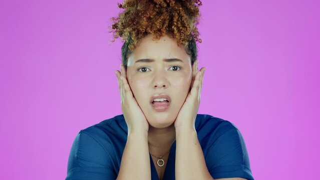 Face, shock and surprise of black woman in studio isolated on a purple background. Confused, wow emoji and female model with fear, worry or anxiety, wtf and omg reaction after bad news or crisis.