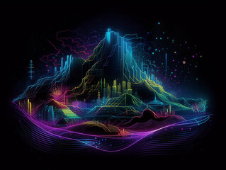 Neon style illustration that visually represents a futuristic big data visualization wave connecting a neural network and moving across the earth. Generative AI