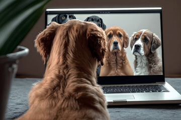 Back view of a dog participating in a video conference with other dogs. A group of dogs are using a laptop to conduct an internet video conference. Chatting online are a labradoodle and a boxer