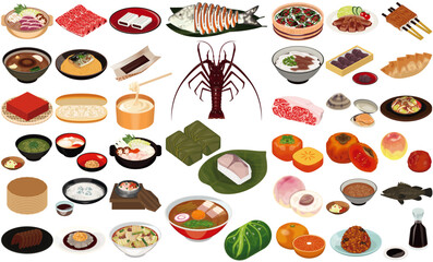 滋賀、三重、奈良、和歌山の人気グルメ・名産のアイコン①（鮒ずし、伊勢海老、柿の葉寿司、和歌山らーめん）