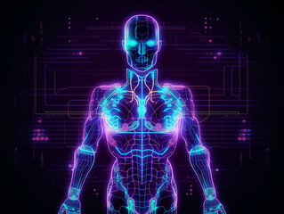 Human Body, Health care digital diagnosis screen. Futuristic Medical technology. Neon - style illustration. Generative AI