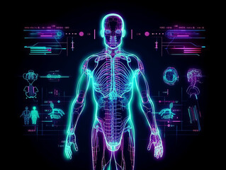 Human Body, Health care digital diagnosis screen. Futuristic Medical technology. Neon - style illustration. Generative AI