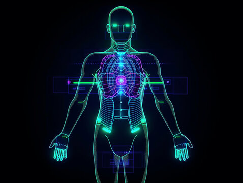 Human Body, Health care digital diagnosis screen. Futuristic Medical technology. Neon - style illustration. Generative AI