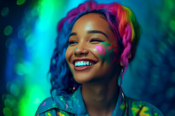 Portrait of a smiling Gen Z with rainbow hair color covered with colorful paint, generative ai
