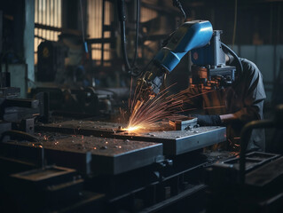 Fototapeta na wymiar Hand of robot, working steel welding building electronic machine in factory. Generative AI