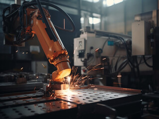 Hand of robot, working steel welding building electronic machine in factory. Generative AI