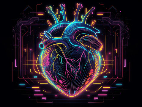 Neon illustration of a human heart with vibrant colors and bright lights. Generative AI