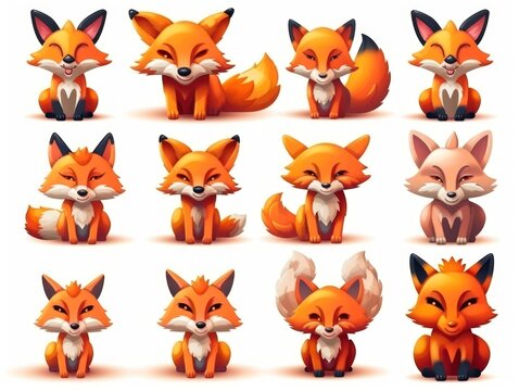 Set Fox Cartoon cute character. Collection isolated on white background. generative ai