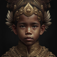 Fototapeta na wymiar boy, innocent, face, portrait, indonesian, batik ornaments, batik fabrics, java, dayak, papua, tribe, ethnic, cultural heritage, asian, sout east asia, indonesia