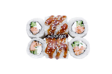Sushi Rolls, Japanese foods, maki isolated background. Perfect for using in food commercial, menu, poster design. Top view