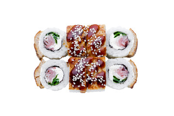 Sushi Rolls, Japanese foods, maki isolated background. Perfect for using in food commercial, menu, poster design. Top view