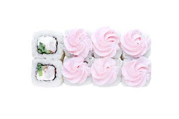 Sushi Rolls, Japanese foods, maki isolated background. Perfect for using in food commercial, menu, poster design. Top view