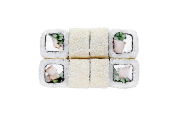 Sushi Rolls, Japanese foods, maki isolated background. Perfect for using in food commercial, menu, poster design. Top view