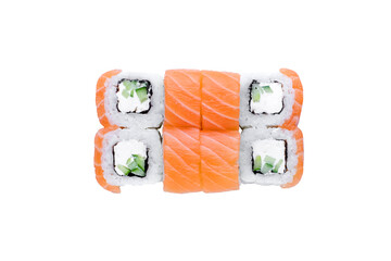 Sushi Rolls, Japanese foods, maki isolated background. Perfect for using in food commercial, menu, poster design. Top view