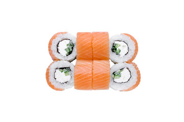 Sushi Rolls, Japanese foods, maki isolated background. Perfect for using in food commercial, menu, poster design. Top view