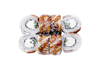 Sushi Rolls, Japanese foods, maki isolated background. Perfect for using in food commercial, menu, poster design. Top view