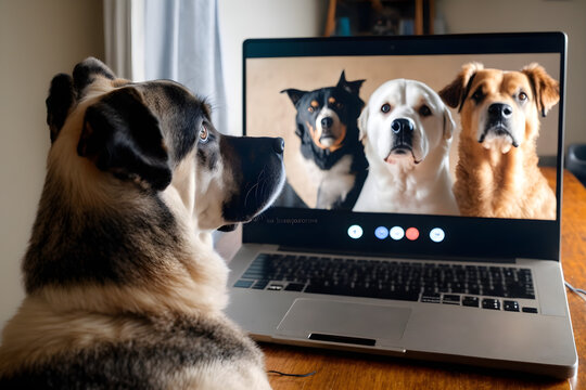  Back view of a dog participating in a video conference with other dogs. A group of dogs are using a laptop to conduct an internet video conference. Chatting online are a labradoodle and a boxer