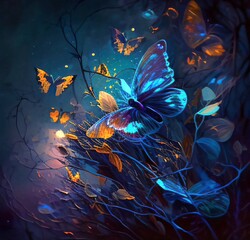 Butterfly fantasy world floating among flowers - Generative AI 