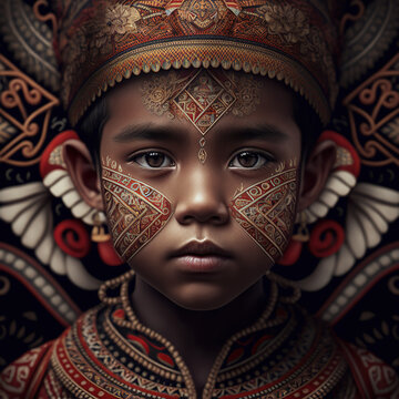 boy, innocent, face, portrait, indonesian, batik ornaments, batik fabrics, java, dayak, papua, tribe, ethnic, cultural heritage, asian, sout east asia, indonesia