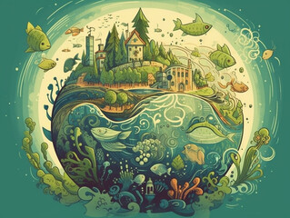 World Environment Day and Earth Day with a focus on a green globe. healthy planet with lush greenery and clear blue waters. Generative AI