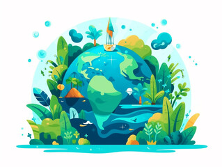 World Environment Day and Earth Day with a focus on a green globe. healthy planet with lush greenery and clear blue waters. Generative AI