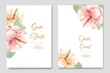 wedding invitation card with floral hibiscus watercolor