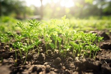 Green young plant sprout growing in the ground Generative AI